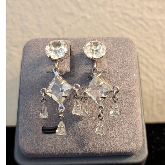 Vintage/Antique Dorsons 12K GF Silver Tone Crystal Dangle Screw Back Earrings - Picture 6 of 6